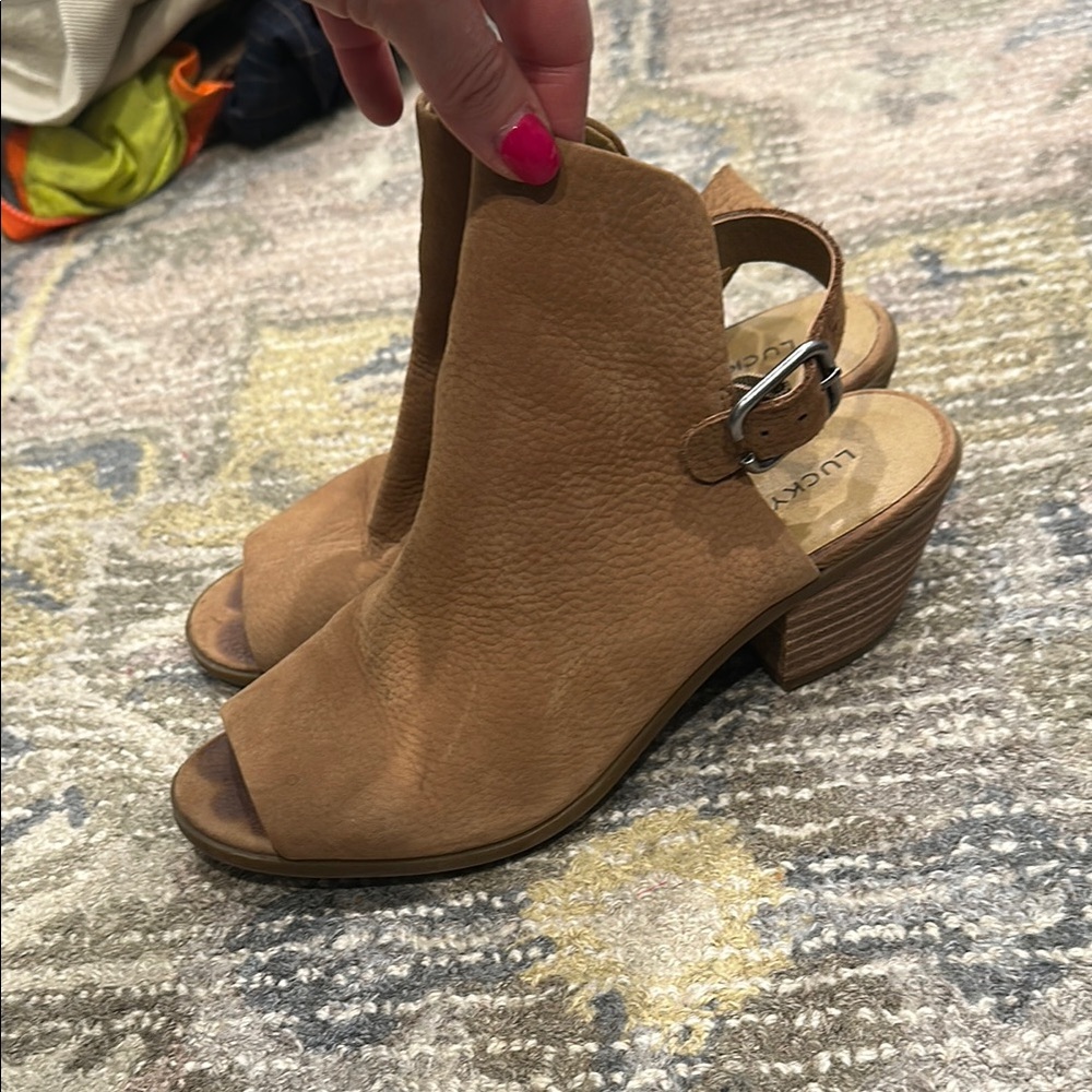 Lucky Brand Tan Suede Mules with Peep Toe